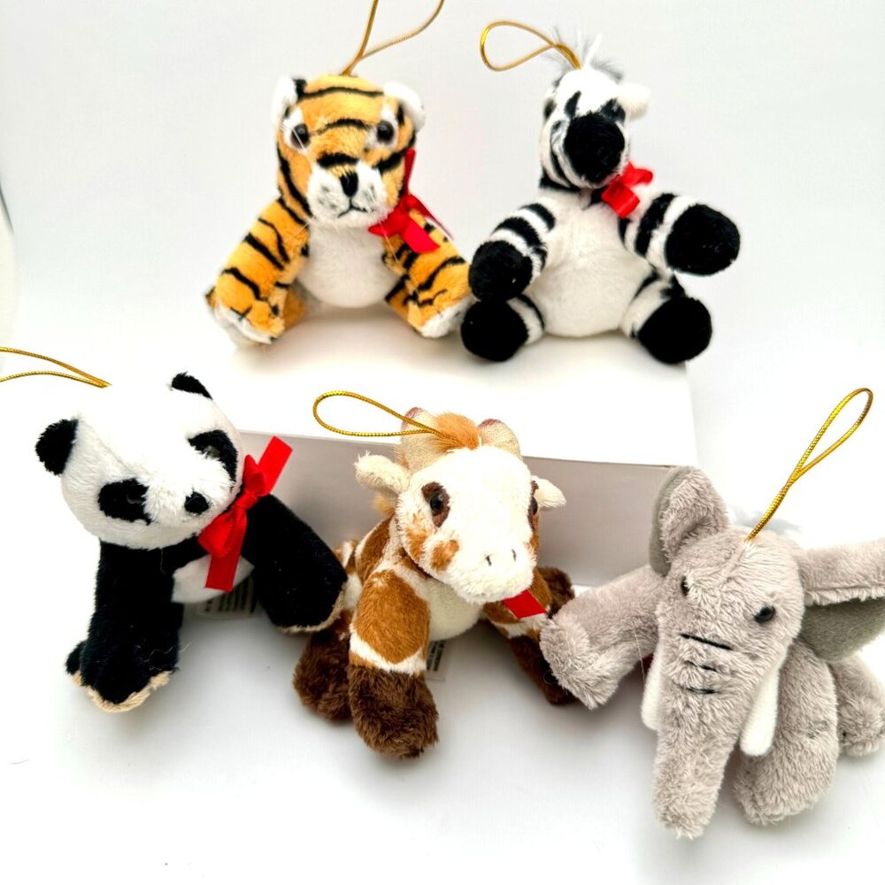 Vintage Plushland 2006 Zoo Animal Ornaments Set Of 5 Tiger Panda Zebra Giraffe